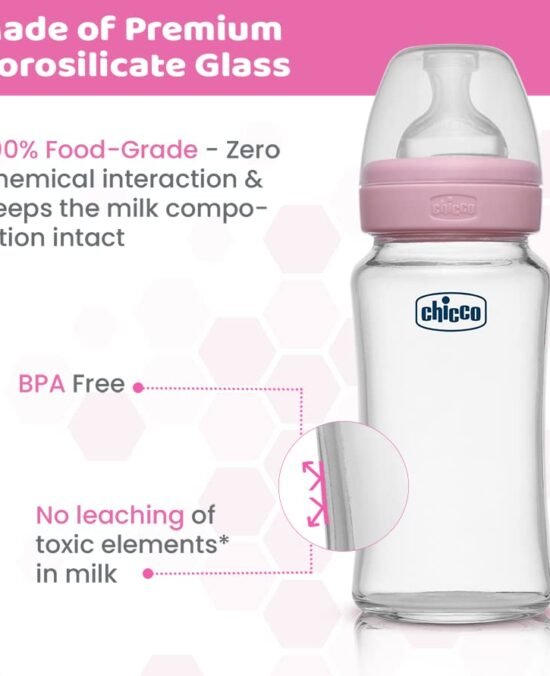 Chicco Well-Being Glass Feeding Bottle (240ml, Medium Flow) (Pink) 2+M .
